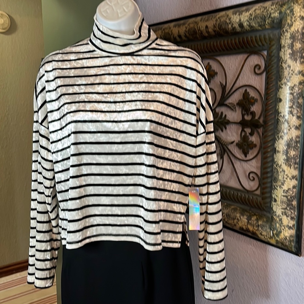 NWOT Ivoire Crushed Velvet Stripped Bell Sleeve Cropped Turtleneck Top Sz S/P